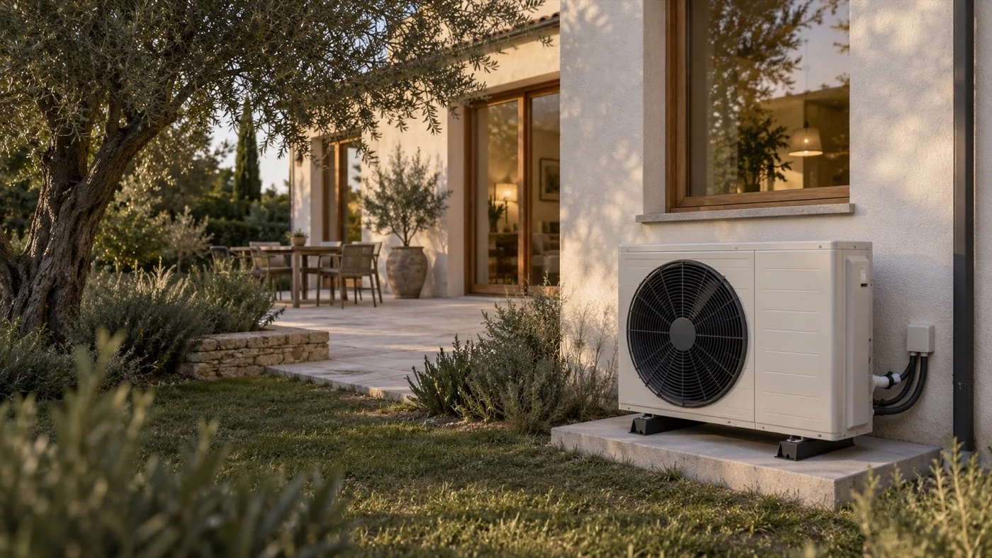 Illustration d’une pompe à chaleur air/eau devant une maison